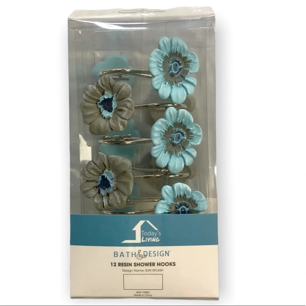 Flower Shower Hooks Resin Sun Splash Collection Blue Clay-Grey Set of 12 Hooks - Picture 2 of 9